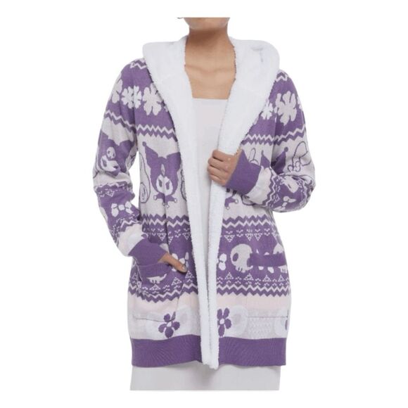 Sanrio Hello Kitty My Melody & Kuromi Cardigan Sweater Purple White Knit Sherpa - Picture 2 of 9